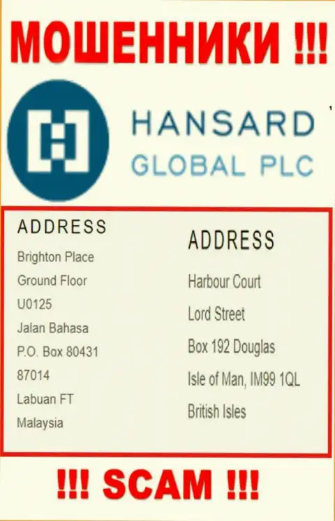Добраться до Хансард, чтоб вернуть обратно свои вложенные денежные средства нереально, они расположены в офшорной зоне: Харбор-Корт, Лорд-стрит, Бокс 192, Дуглас, остров Мэн IM99 1КьюЛ, Британские острова