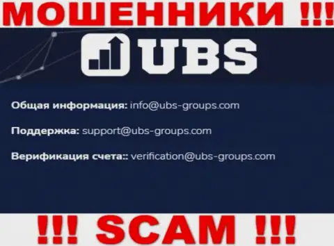 В контактных данных, на информационном сервисе мошенников UBS-Groups, показана именно эта электронная почта