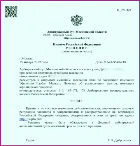 Решение арбитражного суда Московской обл. по иску мошенников FxPro Com в отношении интернет-ресурса FxPro Pro