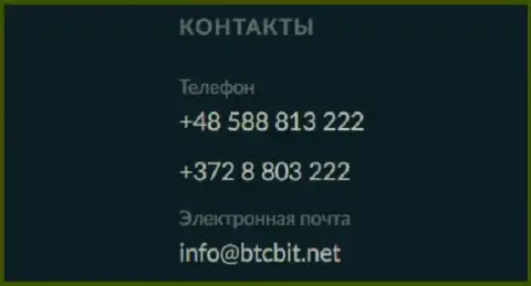 Телефоны и адрес электронной почты организации BTC Bit